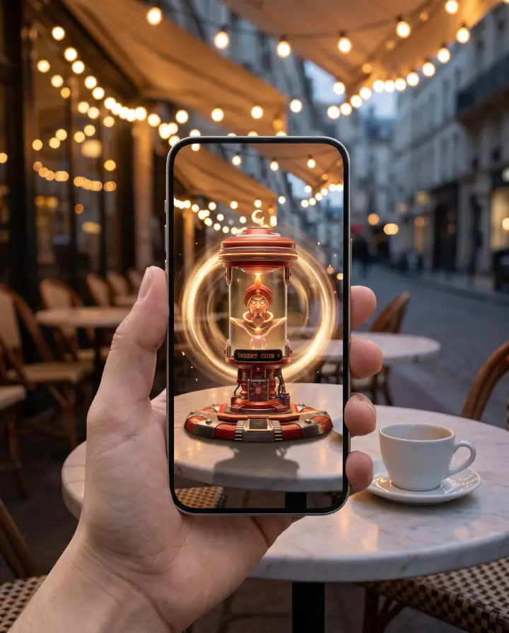 AR preview: a hand holds a phone over an empty café table; on the screen a tiny Zoltan machine glows on the marble.