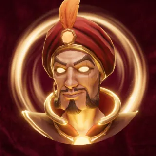 Portrait of Zoltan: glowing eyes, red turban with a feather, a sly half-smile.