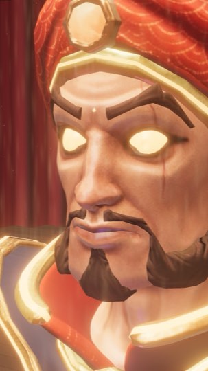 Zoltan in his samurai skin: a deep red turban with gold edging.
