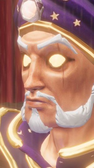 Zoltan in his wizard skin: a purple turban with golden stars and a white beard.