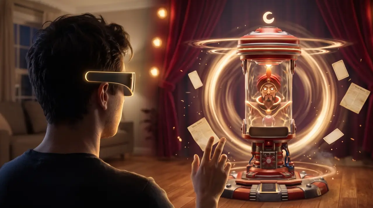 VR preview: seen over a person's shoulder, a life-size Zoltan machine stands in a living room that dissolves into the velvet tent.